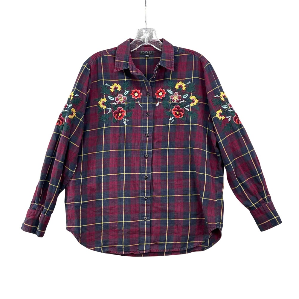 Topshop Flannel Shirt Womens 2 Burgundy Plaid Floral Embroidered Western Rodeo